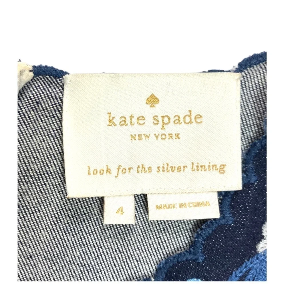 KATE Spade Rare Floral Embroidered Ruffle Short- Sleeve Denim Flare Dress